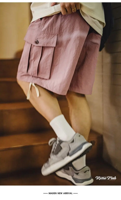 Outdoor Quick-Dry Pink Cargo Shorts Men's Summer Lightweight Woven Elastic Waist Shorts Loose Straight Bottoms for Sports