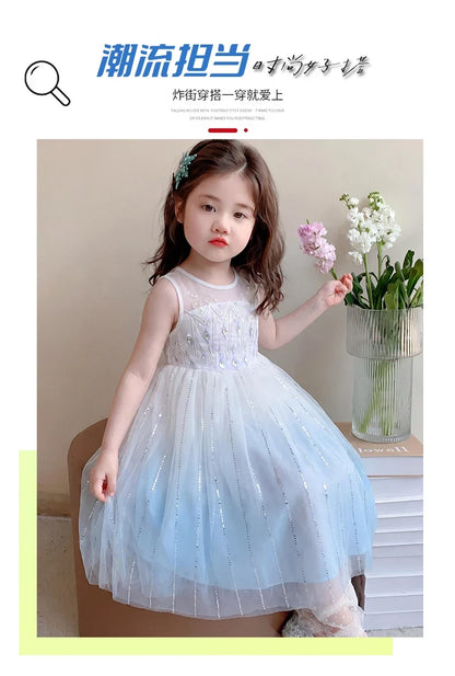 Elsa Princess Dress w/ Cape 2026 New Summer Frozen Cosplay Dresses for Little Girls Birthday Party Sleeveless Mesh Evening Dress