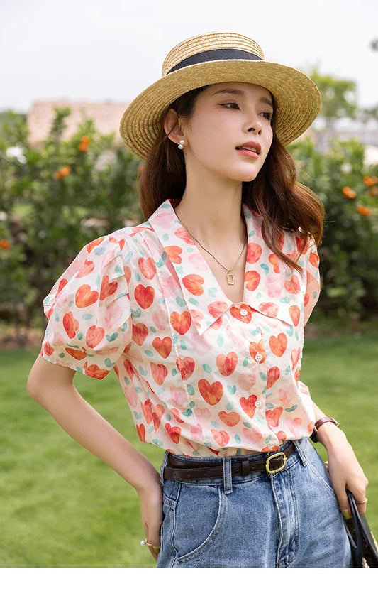 Korean Chic Fashion Women Stylish Blouses Summer French Sweet Retro Floral Polo-neck Puff Sleeves Tops MXB27C0450