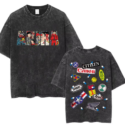 Washed Vintage Anime Akira T Shirts Japanese Science Fiction Cartoon Movie Shotaro Kaneda T-shirt Men's Manga Oversized T-shirts