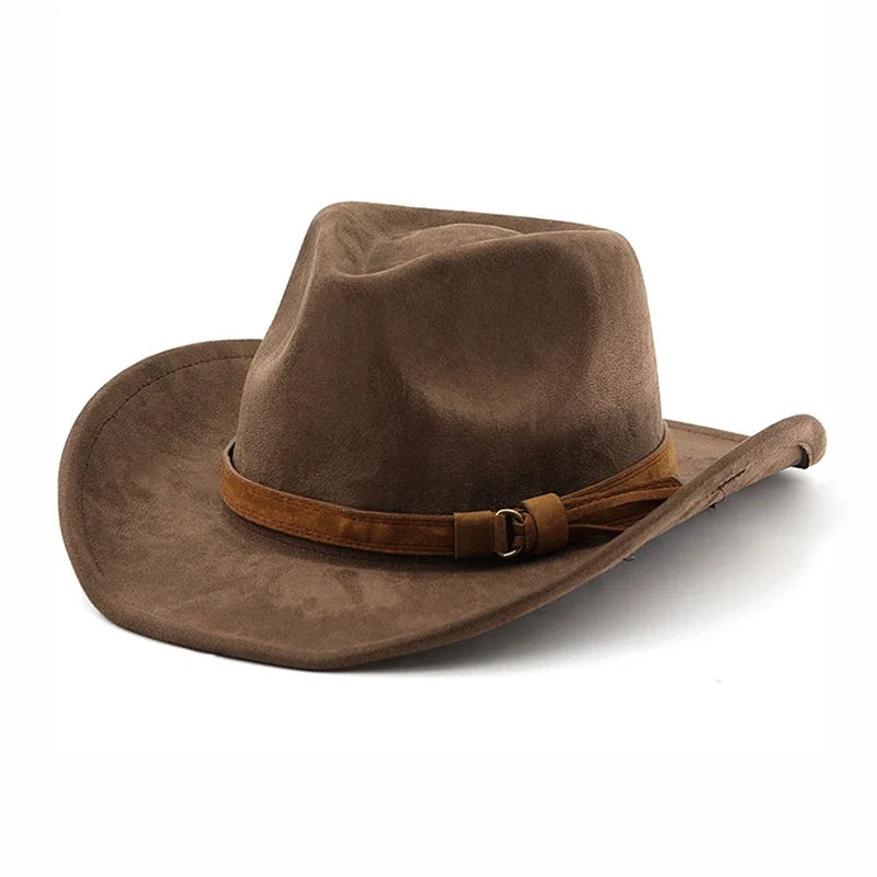 Ethnic Style Western Cowboy Hat Imitation Leather Velvet Jazz Hat Autumn And Winter Roll up Edge Fedora Hat