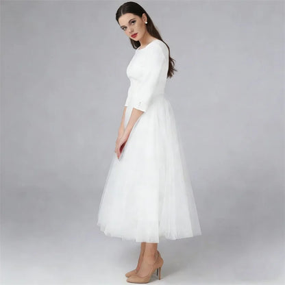 Customized Boho Simple Satin Midi Wedding Dresses for Bride Tea Length 3/4 Sleeves Short Bridal Gowns A Line Vestido De Noiva
