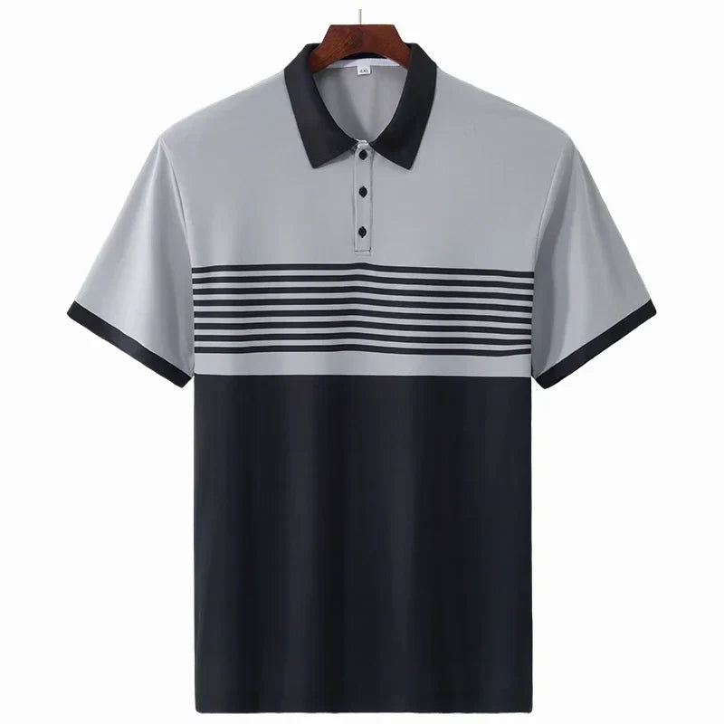 Striped Polo Shirt Men Plus Size 1XL-7XL 110-180kg Short Sleeve T-Shirt Loose Polos Oversized Tops Grey White Big Male Clothing