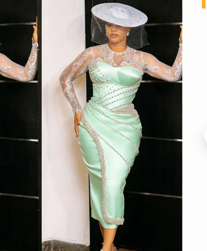 Exquisite Short Wedding Dress O-Neck Lace and Pearl Beaded Tea-Length Bridal Customized Long Sleeves Marriage Satin Gowns