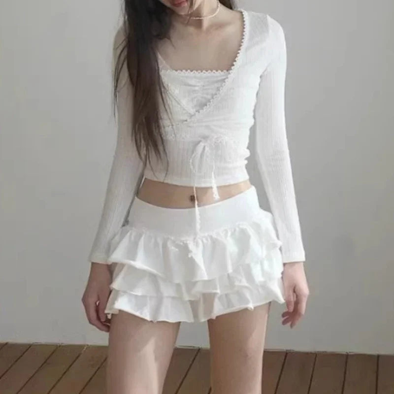 Y2k Lolita Mini Cake Skirt Soft Girl low Waist Ruffle Fluffy Fairy Skirts Summer Kawaii Cute Elegant Short Skirt Black