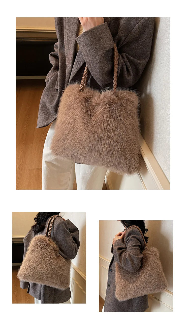 Fashion Women Furry Shoulder Bag Large Capacity Tote Handle Bag for Autumn Winter Outing Commuter Texture Versatile Storage Bags