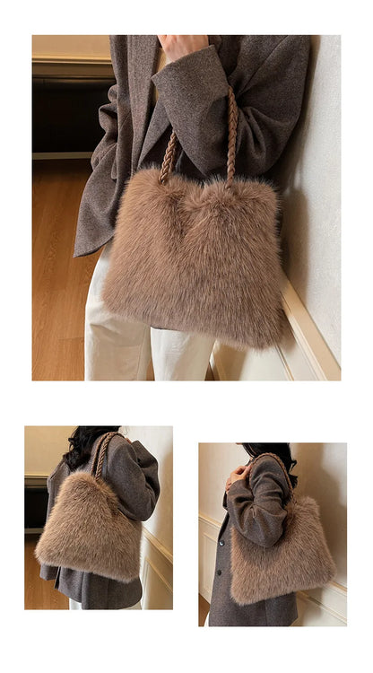 Fashion Women Furry Shoulder Bag Large Capacity Tote Handle Bag for Autumn Winter Outing Commuter Texture Versatile Storage Bags