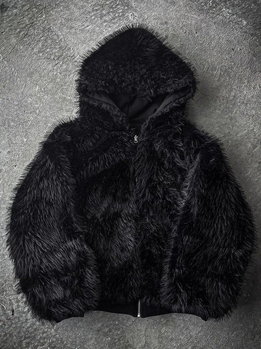 Autumn Winter Oversized Thickened Warm Black Reversible Faux Fur Parka Coat Men with Hood Zipper Fluffy Jacket 2025
