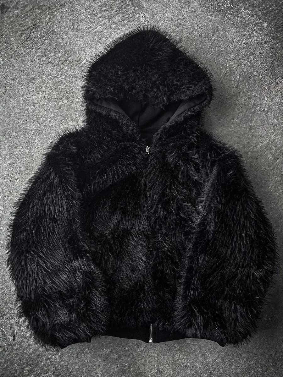 Autumn Winter Oversized Thickened Warm Black Reversible Faux Fur Parka Coat Men with Hood Zipper Fluffy Jacket 2025