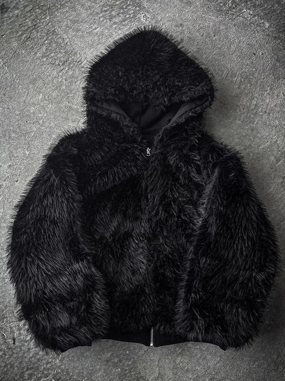Autumn Winter Oversized Thickened Warm Black Reversible Faux Fur Parka Coat Men with Hood Zipper Fluffy Jacket 2025