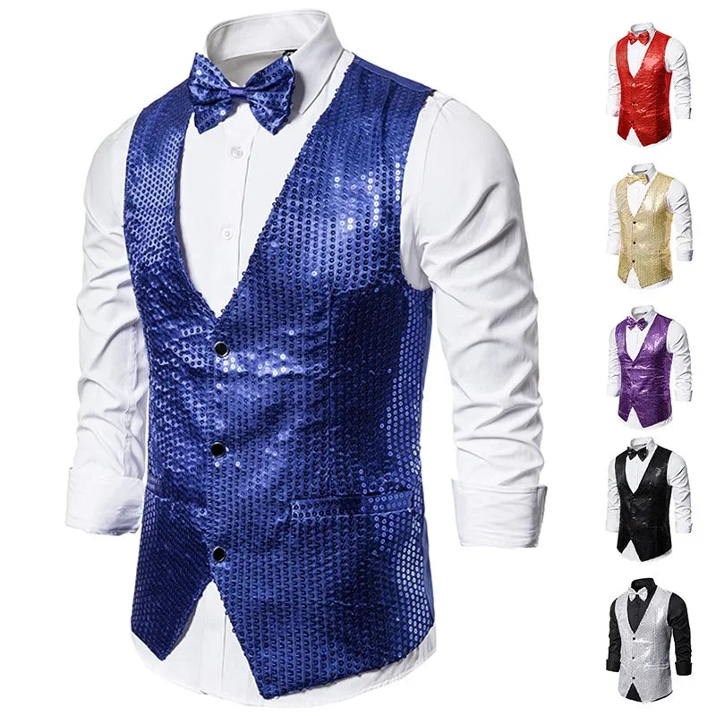 New Gold Sequin Vest Men's Single-breasted V-neck Sleeveless Vests Coat Wedding Party Waistcoat Silver Blue Purple Red Tops