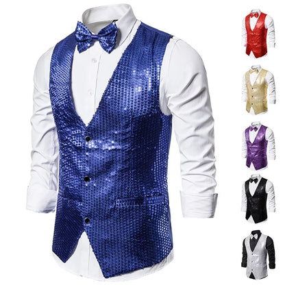 New Gold Sequin Vest Men's Single-breasted V-neck Sleeveless Vests Coat Wedding Party Waistcoat Silver Blue Purple Red Tops