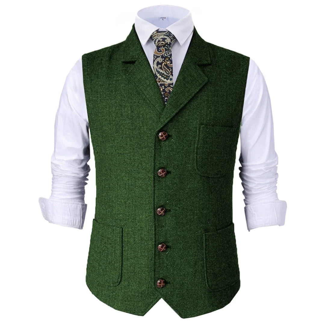 Men Vest Brown Herringbone With Lapel Waistcoat For Wedding Groom Banquet Business Casual Work Men Suit Vest