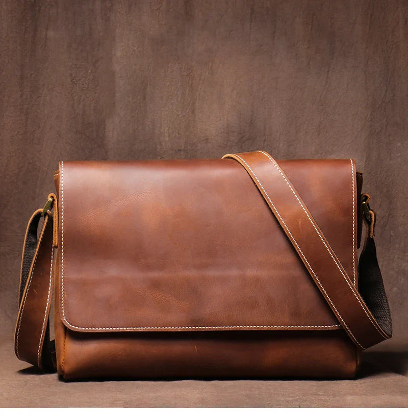 Men's High Quality Genuine Leather Shoulder Bag Vintage Flap Crazy Horse Cowhide Messenger Bag Daily Casual Crossbody Bags
