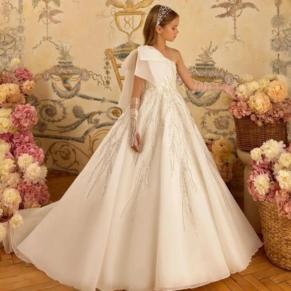 One Shoulder Flower Girl's Dresses for Wedding Luxury Beading Baby Girl Birthday Party Gowns Pageant Dress