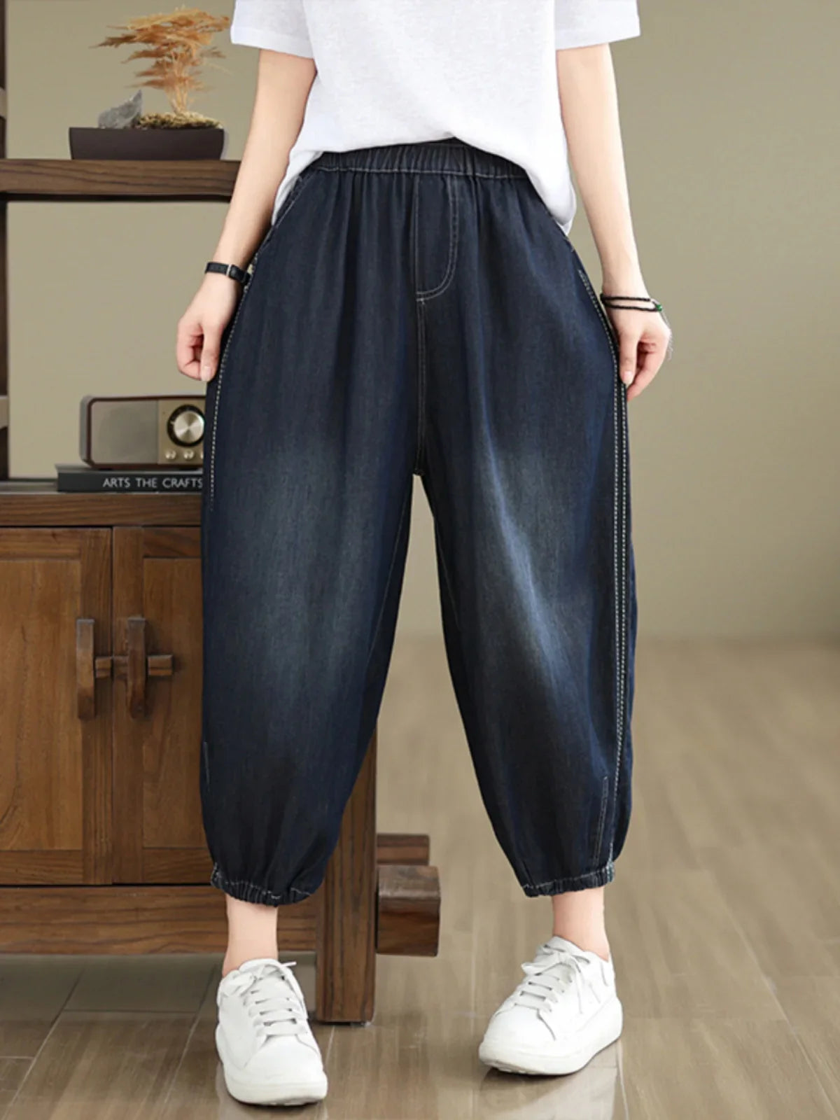 Retro Full Cotton Waed Denim Pants Women Summer Elastic Waist Thin Slimming Lantern Pants Marked Line Nine Points Harlan Pants