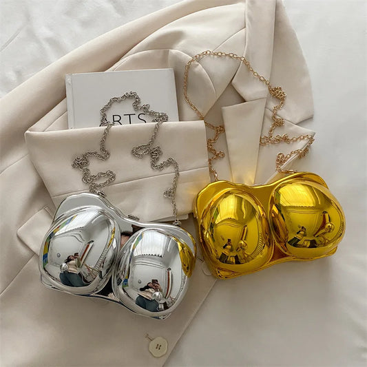 Party Purse Chest Shape PVC Bag For Women 2025 Mini Crossbody Bag Metal Chain Shoulder Bag Luxury Gold Silvery Lipstick Pouch
