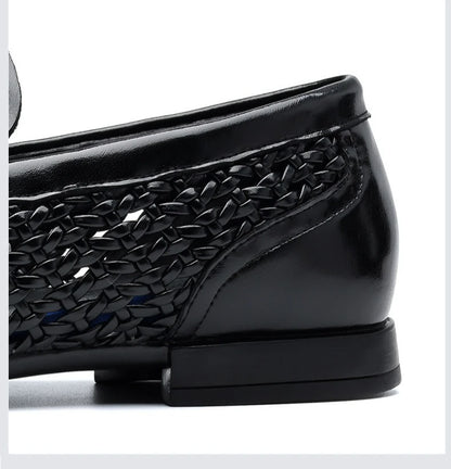 2026 Summer New Hallow Leather Shoes for Man Black Woven Breathable Elegant Shoes Man Fashion Business Loafers Male