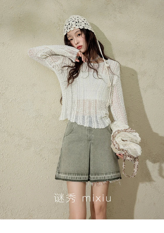 Women 's Apricot White Hollow Knitted Sweater Spring 2025 Mohair Cover Drop Sleeve Top Strapless Slim Tube Top MXE12Z1120