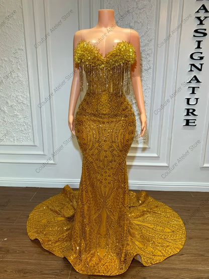 Glamorous Gold Stones Prom Dresses With Head Cover Beaded Rhinestones Mermaid African Wedding Dress Black Girls Customized