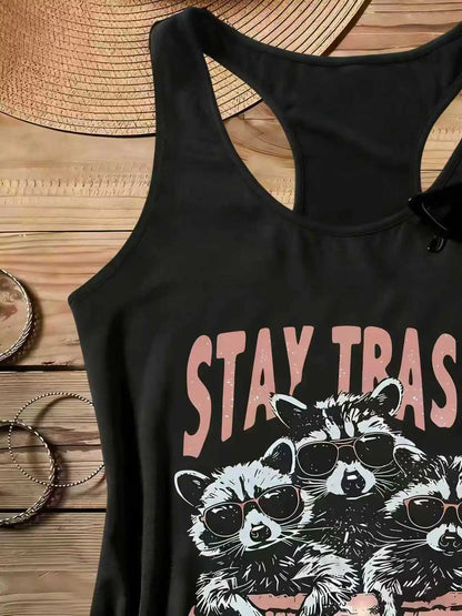 Summer Women's Plus Size Outfit, Funny Sunglasses, Raccoon Print Tank Top, High Street Style Black Casual Sleeveless Top