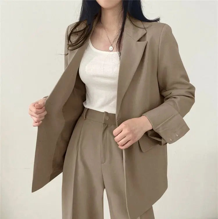 Casual Notch Lapel Suit Set with Button Thick Wide Leg Small Suit Pants High Waist Drape Polyester Business Lady Style Women