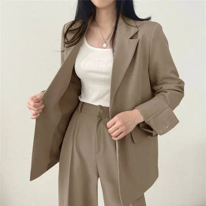 Casual Notch Lapel Suit Set with Button Thick Wide Leg Small Suit Pants High Waist Drape Polyester Business Lady Style Women
