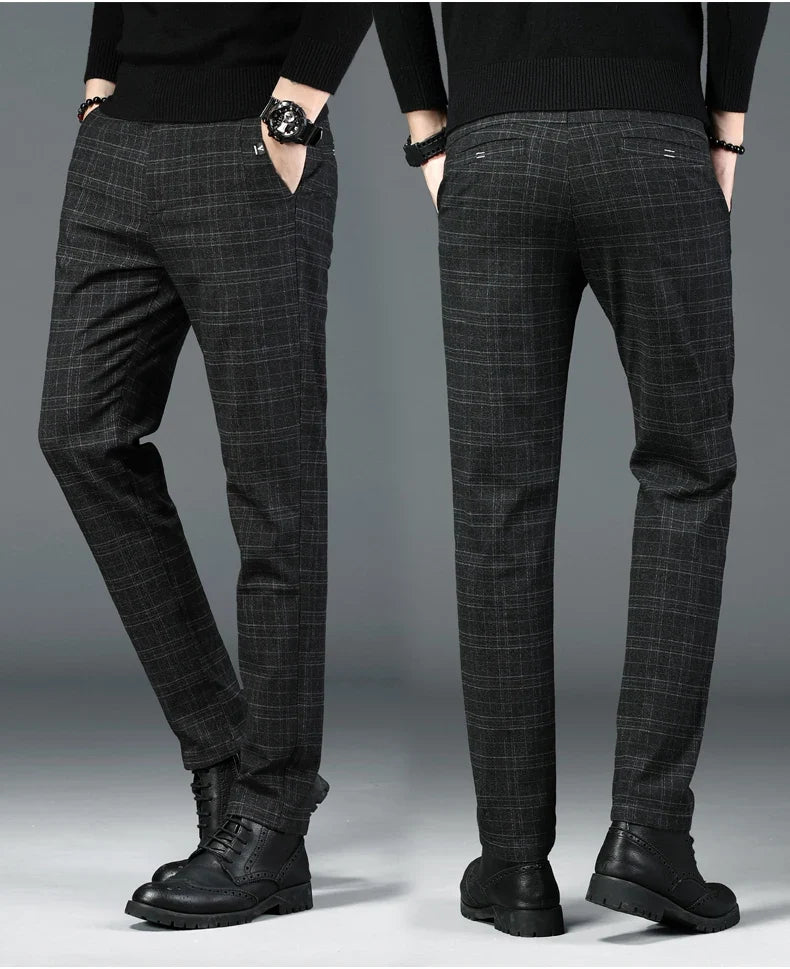 Autumn New Men's Plaid Striped Business Casual Pants Classic Fashionable Straight Elastic Casual Trousers Black Gray Male