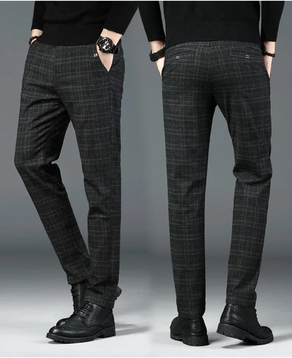 Autumn New Men's Plaid Striped Business Casual Pants Classic Fashionable Straight Elastic Casual Trousers Black Gray Male