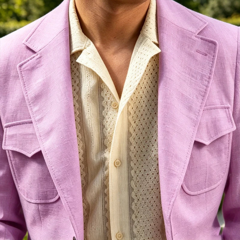 Classic Men's Linen Blazer Notched Lapel Slim Fit Breathable Elastic Suit Jacket with Flap Pockets for Wedding Prom Daily Wear