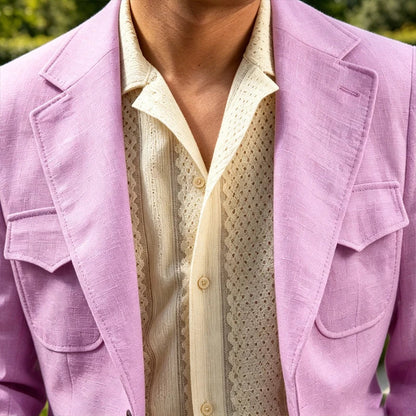 Classic Men's Linen Blazer Notched Lapel Slim Fit Breathable Elastic Suit Jacket with Flap Pockets for Wedding Prom Daily Wear