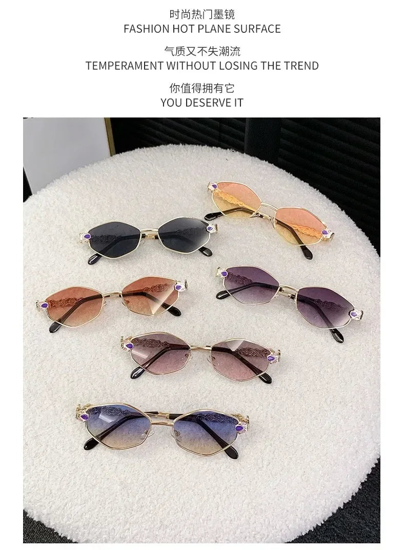Retro Geometric Polygon Metal Frame Sunglasses with Colorful Enamel Temple Arms UV400 Trendy Women's Fashion Shades Gafas De Sol