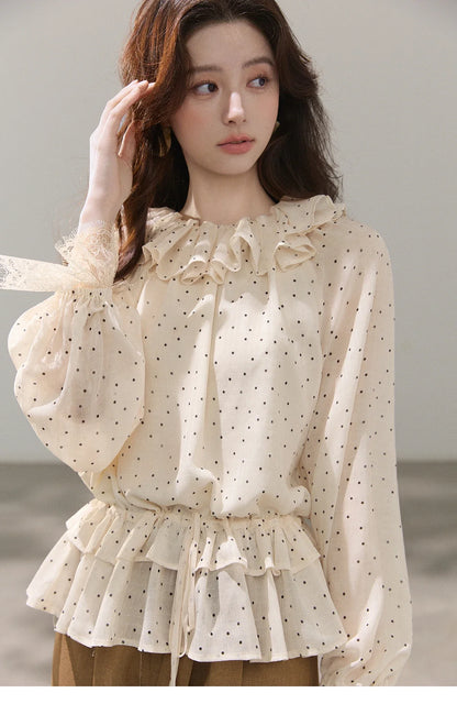 Retro Polka Dot Ruffle Chiffon Blouse 2026 Spring New Apricot Lace Cuffs Design Top Gentle Tie Shirt for Women MXF13X2530