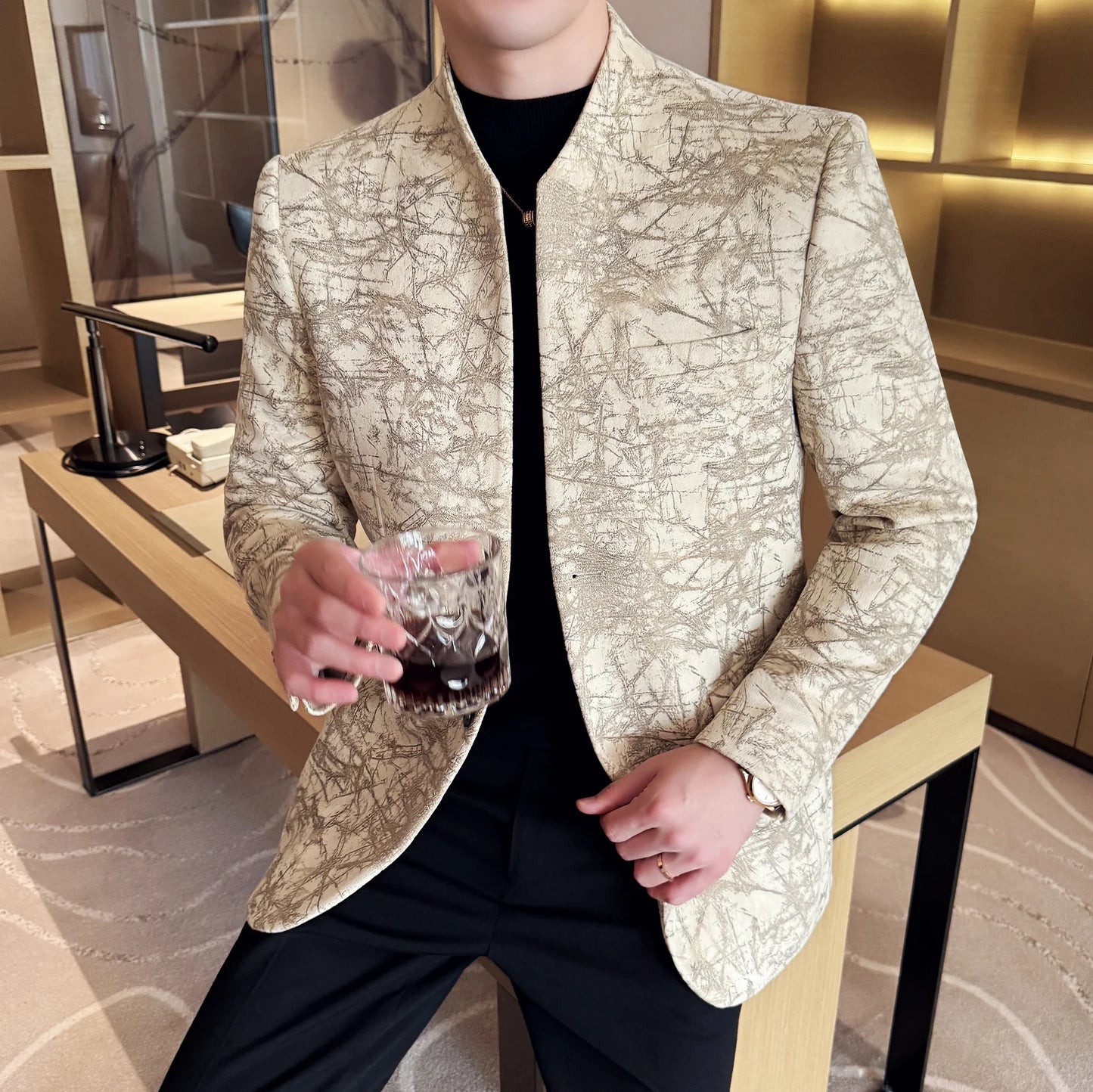 New Chinese Style Stand Up Collar Jacquard Suit Coats Men Slim Business Casual Fashion Suits Jacket Formal Social Party Tuxedos