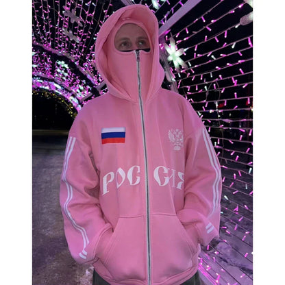 Y2K Clothes Men's Hip Hop Autumn Russia Hot Sale Vintage Double Zip Hoodies Lettering Graphic Hoodies Sweatshirts Casual Jacket