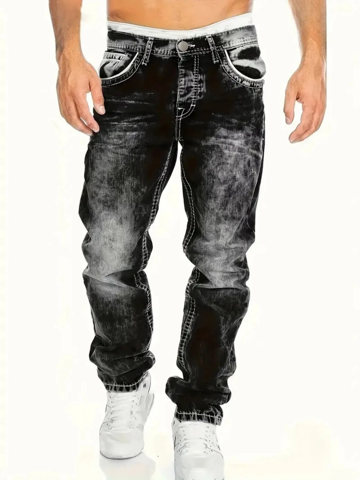European American Jeans Men's Autumn New Slim Elastic Trousers Fashionable Vintage Wash Denim Pants Male Streetwear