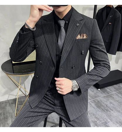 2025 High-quality Korean Version Slim-fit Business (Suit + Vest + Trousers) Striped Double-breasted Suit Three-piece Set