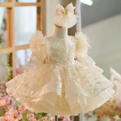Luxury Girls' Party Dress, Long Sleeved Sequined Butterfly Mesh Dress, One Year Old Birthday Gift, Elegant Dress for Girls Aged