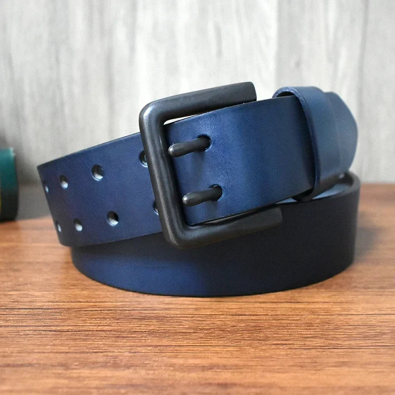 105-125cm Men's Retro Genuine Cowskin Belt Double Pin Buckle Waistband Business Luxury Belts Leather Craft Accessories