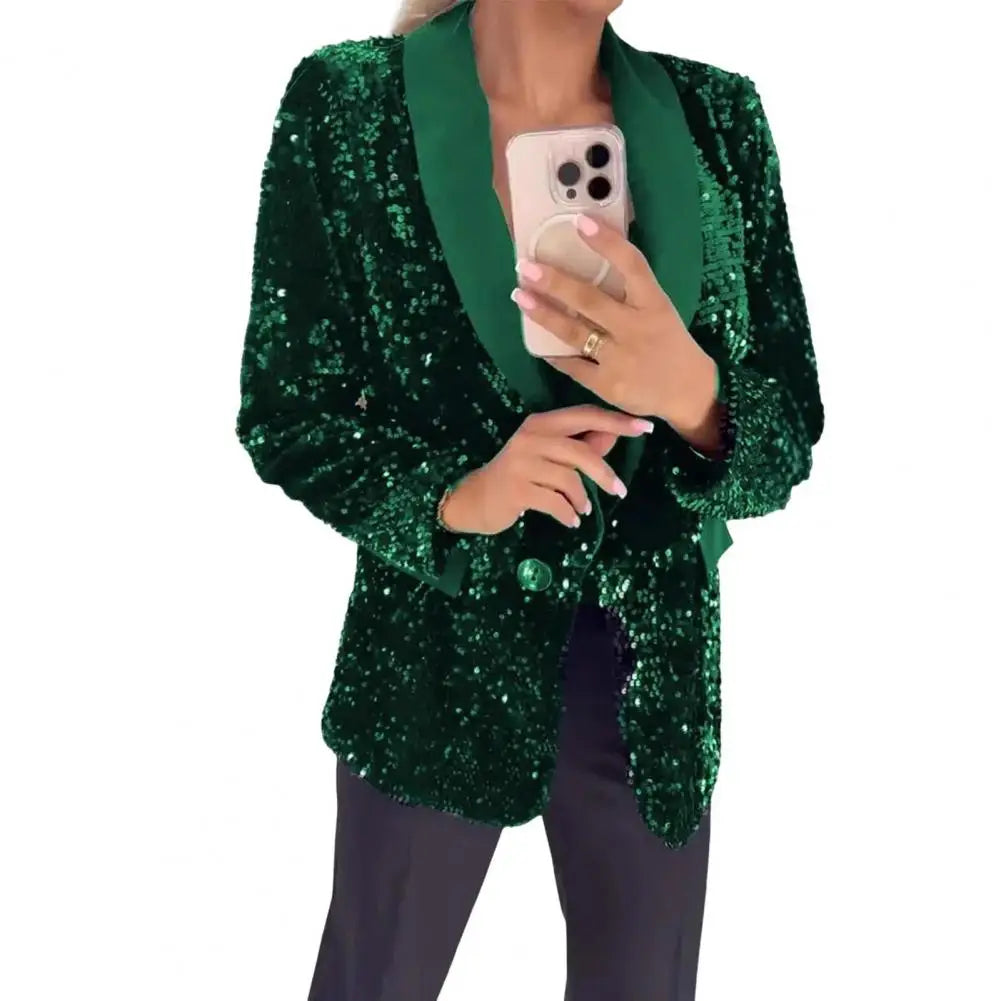 Sequin Suit Coat Solid Color Coat Elegant Glitter Sequin Women's Suit Coat with Lapel Long Sleeve Button Jacket for Autumn