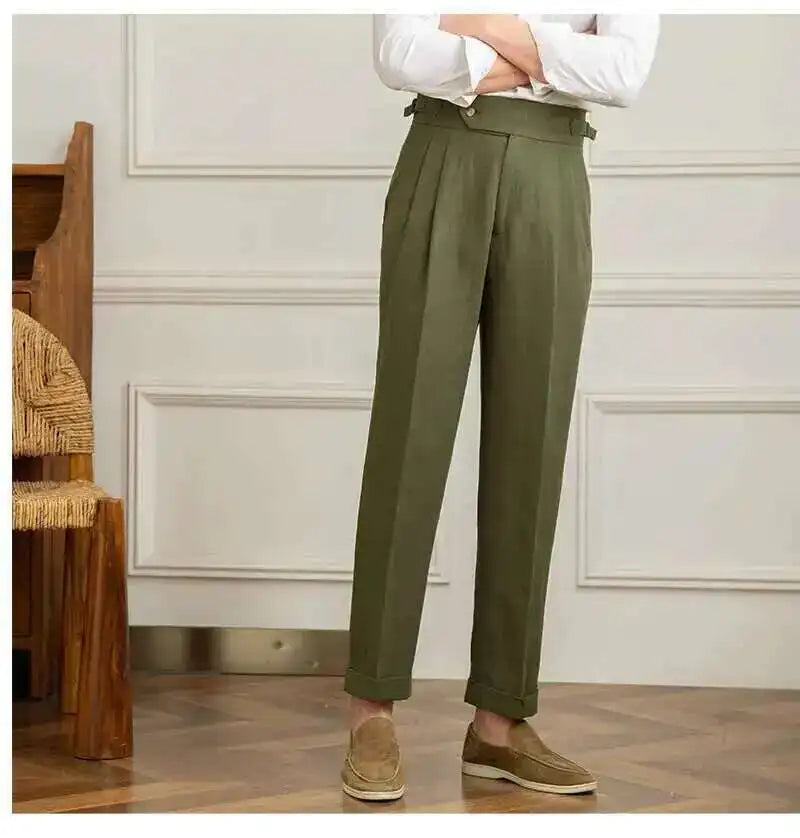 Linen Cotton High Waist Straight Casual Pants Men Versatile Naples Gentleman Pleated Pants High Quality Italian Dress Trousers