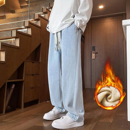Thick Winter Straight Men's Jeans Fleece Warm Loose Plush Trousers Fashion Casual Wide-leg Plush Denim Pants Male