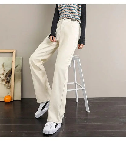 Winter Thick Warm Womens High Waist Jeans Fleece Lined Loose Fit Wide Leg Trousers Korean Style Stretchy Adjustable Waist  Jeans