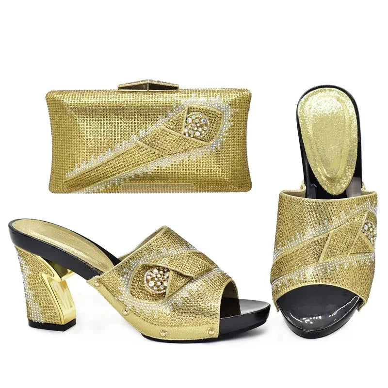 Italian Matching Shoes and Bag Set Decorated with Rhinestone African Shoes and Bag Set for Wedding High Quality Shoes Bag