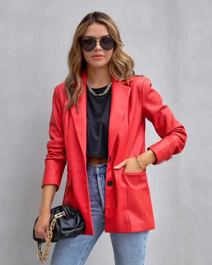 Elegant Chic Jacket Office Lady Long Sleeve Lapel Collar Single Breasted Pocket Coat Outwear 2025 Women PU Leather Suit Blazer