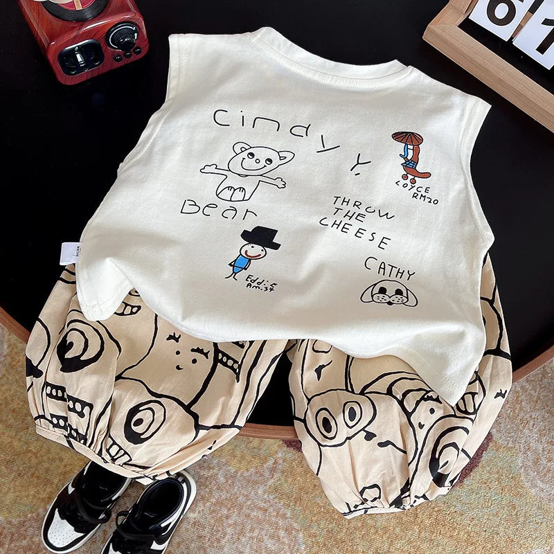 Summer Baby Boy Cartoon Graffiti Clothes Sets Children Fashion Sleeveless Top Shorts 2Pcs/Set Toddler Casual Suits Kids Clothing