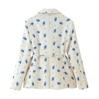Women's Floral Print Blazer, White Pink Flower Casual Suit Jacket, Notch Lapel Loose Outwear with Tie Waist, Spring Daily Wear