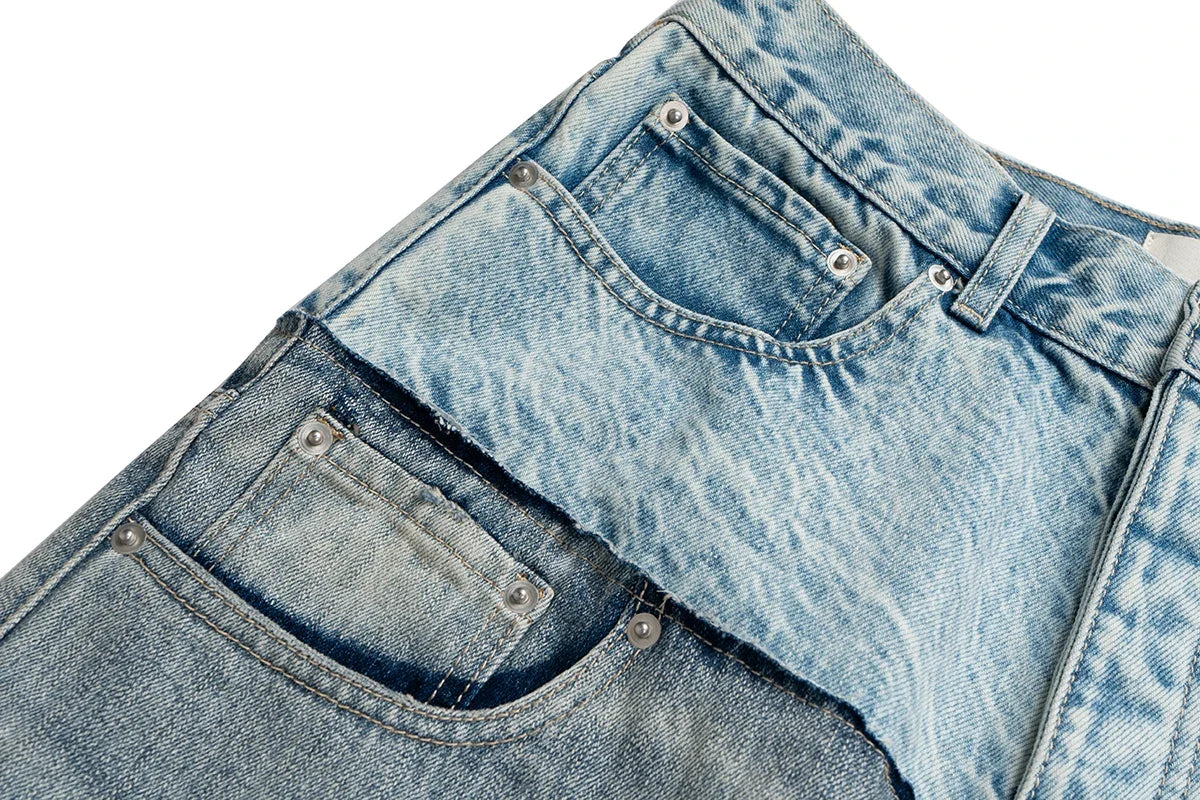 Double-layer Double Waist Patchwork Baggy Jeans for Men and Women Straight Casual Loose Denim Trousers Oversized