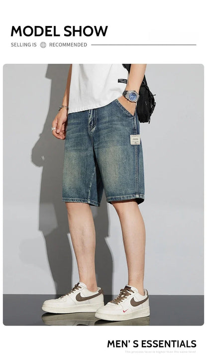 Summer Vintage Denim Shorts Men's Fashion Straight Casual Loose Streetwear Bermuda Jeans Male Short Pants Streetwear