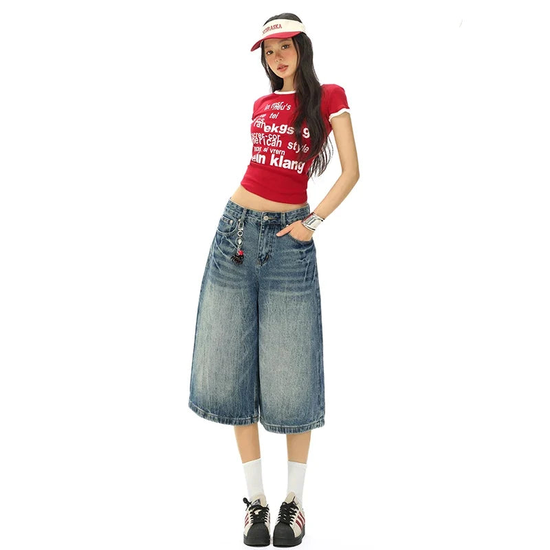 Vintage Washed Loose Straight Leg Denim Capri Men Women Lightning Print Streetwear Shorts